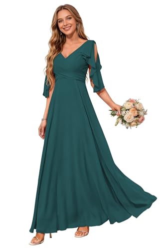 Image of Women Bridesmaid Dresses with Sleeves for Wedding V Neck Chiffon Long A Line Pleated Formal Evening Gown