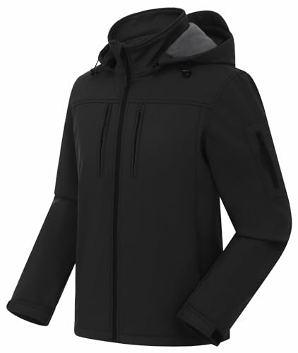 CREATMO US Men's Softshell Military Jacket With Removable Hood, Fleece Lined and Water Repellent Outdoor Reflective Coat