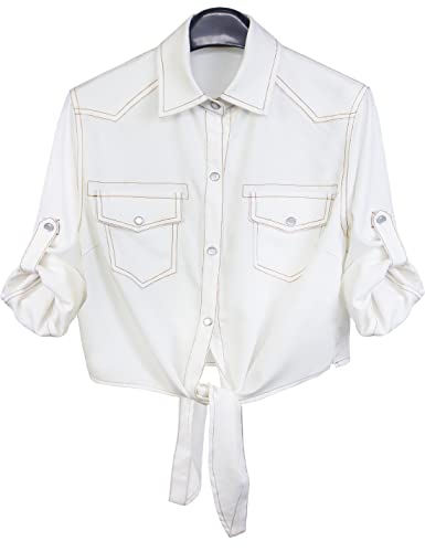 Image of Omoone Wome Crop Modern Denim Top Tie Knot Shirt Chambray Cardigan | Roll Up 3 /4 Sleeve, Button Down, Tie Front Blouse, Western Cowgirl Jean Shirts