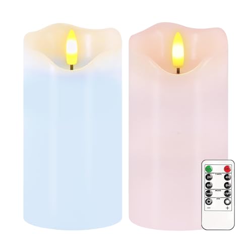 Image of Flameless Candles Light, Set of 2 6 inchx3 inch Flickering Pastel Spring LED Candles with Remote & Timer, Dimmable Real Wax Easter Pillar Candles Battery Operated for Home Spring Easter Decor (Pink Blue)