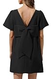 Kedera Women Summer Short Sleeve Solid Back Bow Dress Crew Neck Elegant Formal Work Mini Dresses with Pockets Black