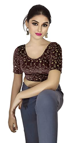 Image of PU Fashion Stylish Golden Embroidery Work Readymade Stretchable Velvet Blouse - Soft Breathable Fabric, Saree Blouse for Women