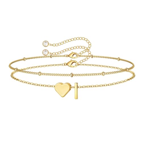 Image of M MOOHAM Initial Bracelets for Teen Girls - 14K-Gold-Plated Heart Initial A-Z Bracelets for Women Girl Jewelry Gifts Trendy, Dainty Gold Bracelet Letter Bracelet Birthday Gifts for Women Girls Her