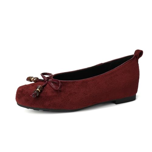 Women's Suede Bow Round Toe Ballet Flats Casual Slip On Comfortable Memory Foam Cushioned Dressy Flat Shoes for for Walking, Driving