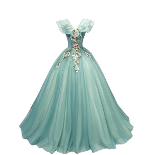Green Girls' Appliques Tulle Ball Quinceanera Dress Sweet 15 Birthday Party Gala Pageant Gown Lace-up