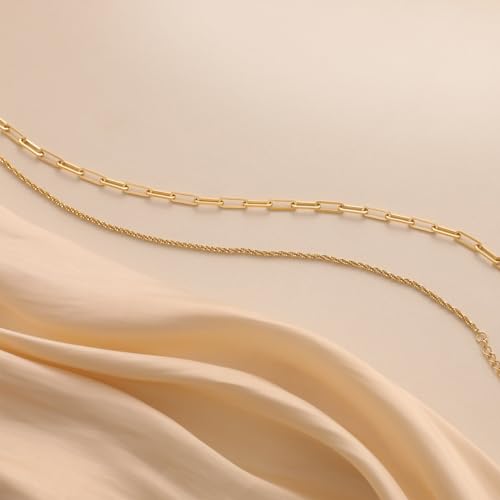 CHESKY Gold Ankle Bracelets for Women, 14k Gold Plated/Sterling Silver Anklet Bracelet Set Layered Glitter Box Paperclip Figaro Cuban Link Anklets for Women, Waterproof Summer Gold Jewelry Gifts