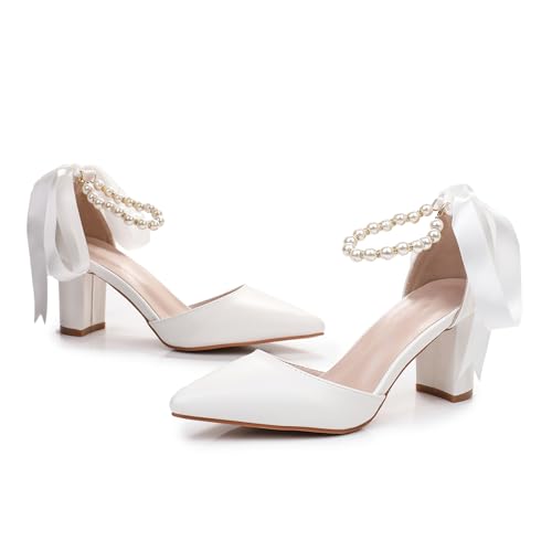 Bridal Shoes for Women White Pearl Heels Leather Closed Toe Pumps 3 Inch Chunky Heel Wedding Shoes for Bridal Heels Wedding Party Evening Casual Wear4