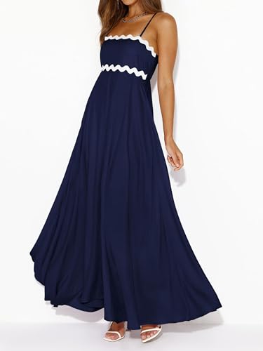 Image of PRETTYGARDEN Women Spaghetti Strap Boho Maxi Dresses Flowy | Sleeveless Smocked Long Dress, Striped Trim Flowy Dress Pockets, Elegant Square Neck Beach Sundress, Casual Summer Outfits
