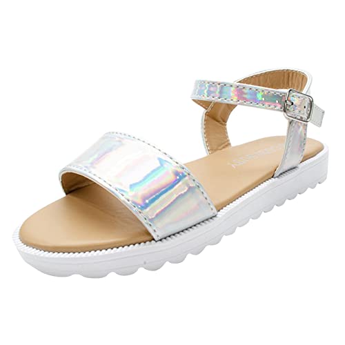 Children Flat Toe Sandals Flower Beach Shoes Little Girls Sandals Sandals for Outer Wear Baby Beach Sandals (Silver, 6-7 Years Little Child)