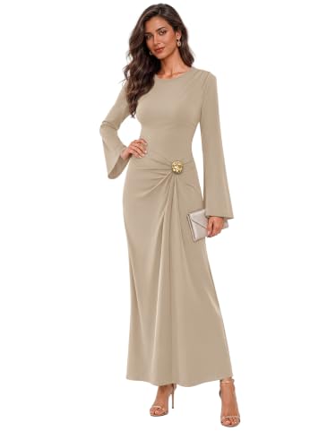 Sipaya Maxi Bodycon Dresses for Women Wedding Guest Formal Business Casual Long Sleeve Cocktail Outfits Midi Fall Fashion Winter Clothing Funeral Apricot L - image 3
