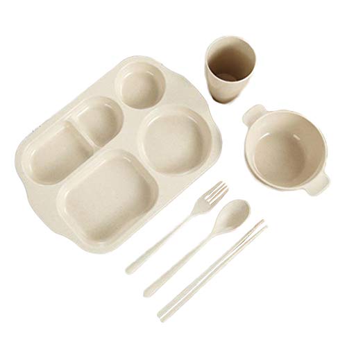 ベビー食器 6点セット プレート ライスボウル 箸 スプーン フォーク コップ 育児 子供用 麦藁 環境保護 四色展開 (オフホワイト)