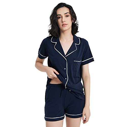 Metarino Merino Wool Pajamas Women 2Pcs Set Nightwear Short Sleeve Soft Button Down Sleepwear For Home,Navy Blue,X-Large (Mata-62912) #TOP1