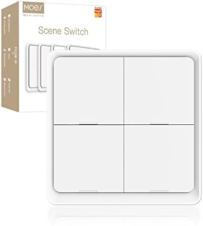 MOES Wireless Smart Scene Switch Button, Require MOES HUB, Zigbee Connection Tuya Battery Powered Included 12 Scene Controller Light Switch for Smart Home Automation 4 Gang White