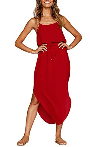 StarLifey Vestidos de Mujer Casual Strappy sin Mangas Side Split Summer Beach Midi Vestido de Cintura Alta Vestido Fluido Vestido
