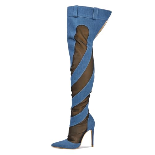 Cape Robbin Mesh Denim Thigh High Boots for Women - Over Knee Boots - Blue Thigh High Boots (Mandali)