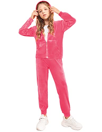 Image of Arshiner 2 Piece Outfits for Girls Kids Velour Tracksuit and Jogger Set | Size 5-14Y, Velvet Sweatsuit with Zipper for Fall /Winter, Suit for School, Workout, Jogging, or Casual Occasions