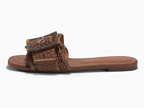 Image of Coutgo Womens Flat Sandals Raffia Slip On Slide Sandal Square Open Toe Buckle Summer Beach Shoes Flats