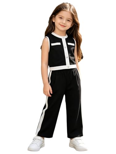 Vêtement d'été fille contre la chaleur : ensemble gilet et pantalon large noir léger