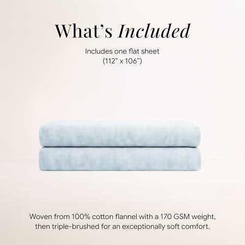 Image of Tribeca Living Cal King Cotton Flannel Flat Sheet Only 170-GSM - Oversized 112 x 106 Inch Dimensions for Generous Bed Coverage - Soft Breathable Bedding in Sky Blue