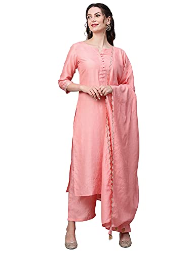 Image of INDO ERA Women's Polyester Solid Straight Kurta Palazzo With Dupatta Set(IE26KH9PK1836)