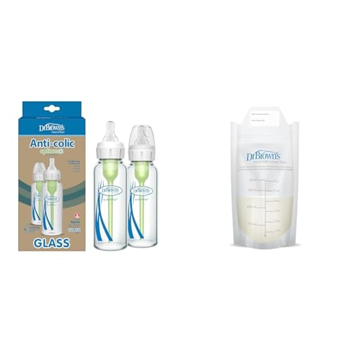 Image of Dr. Brown's Anti-Colic Narrow Glass Baby Bottle 8 oz, Level 1 Slow Flow Nipple 2 Pack + 100 Count 6 oz Breast Milk Storage Bags