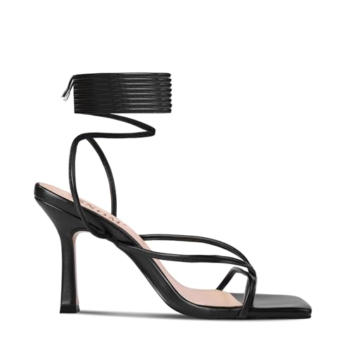 ISNOM Lace Up Heels Sandals for Women, Square Toe, Open Toe Thong, Stiletto Heels Design2
