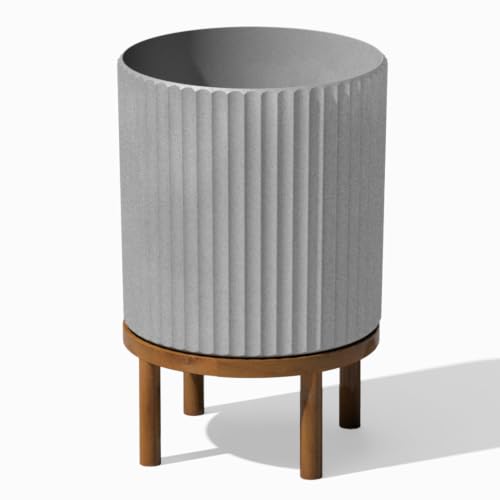 Image of Veradek Demi Series Round Planter w / Stand for Porch /Patio | Durable Plastic-Concrete & Wooden Stand | Modern Decor for Tall Plants, Flowers