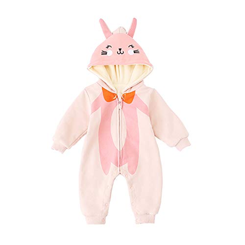 ベビー服 長袖ロンパース厚手 秋冬防寒服 帽子付き新生児カバーオール 赤ちゃん 女の子出産準備贈り物ピンクウサギ柄6M