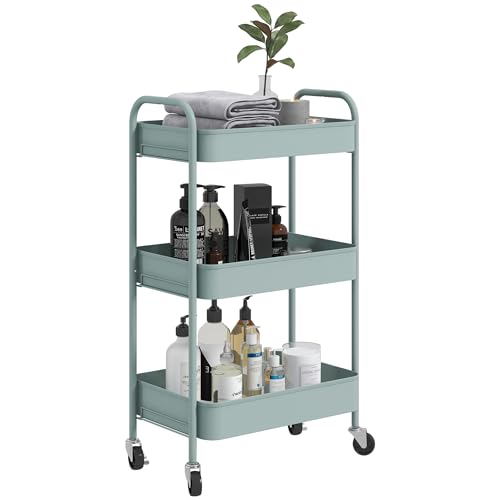 HOMCOM Carrito Auxiliar con Ruedas Carrito de Almacenamiento con 3 Cestas y Marco de Acero para Salón Dormitorio Oficina Cocina 45x30,6x79 cm Azul Claro