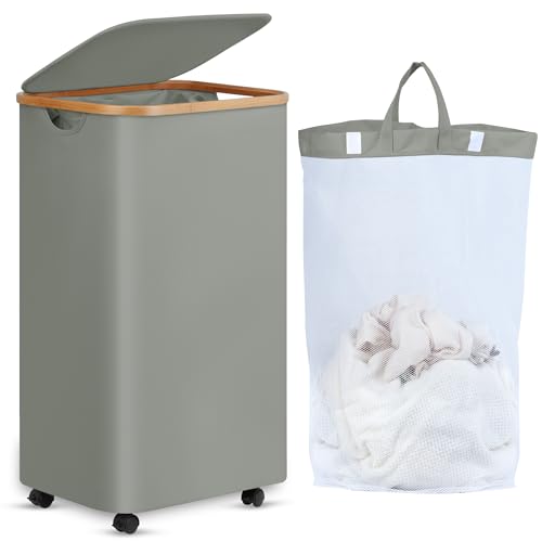Image of efluky Laundry Basket with Wheels, Tall Rolling Laundry Hamper with Lid and Removable Bag, Aesthetic Dirty Clothes Hamper on Wheels for Laundry Room, Bedroom, Dorm and Bathroom, 100L Grey