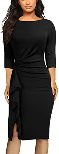 AISIZE Women's Retro 3/4 Sleeve Ruched Elegant Business Pencil Sheath Dress Medium Black