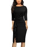 AISIZE Women's Retro 3/4 Sleeve Ruched Elegant Business Pencil Sheath Dress Medium Black