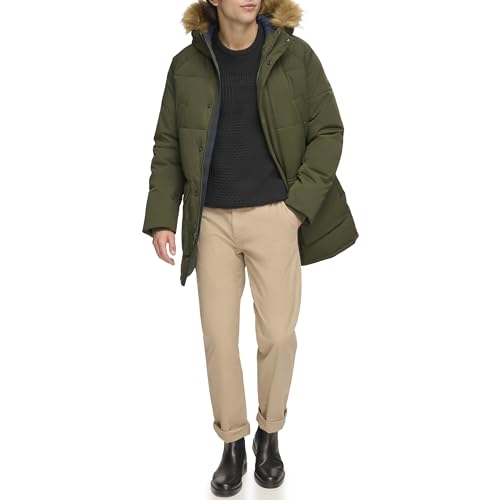 Image of Tommy Hilfiger Men's Arctic Cloth Heavyweight Performance Parka Down Alternative Fur Lined Hood Outerwear Coat, New Olive, L