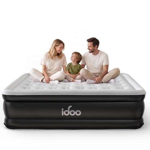 iDOO Inflatable Air Mattress King Size Airbed with Built-in Pump Double Blow Up Mattress in 3 Mins Fast Inflation Upgraded Flocked Surface Comfort Air Bed for Home&Camping Use -203x152x46cm