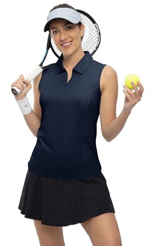 Rdruko Poloshirt Damen Ärmellos Polohemd Atmungsaktiv mit 1/4 Reißverschluss Schnelltrocknendes Sport Oberteil für Golf Tennis und Outdoor - Dunkelblau XL