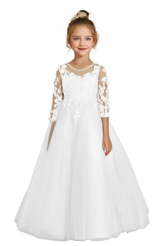 Birthday Party Princess Lace Maxi Gown White Puffy Tulle Wedding Flower Girls Long Dresses for Kids Christmas Toddlers Baptism Dresses White Size 10