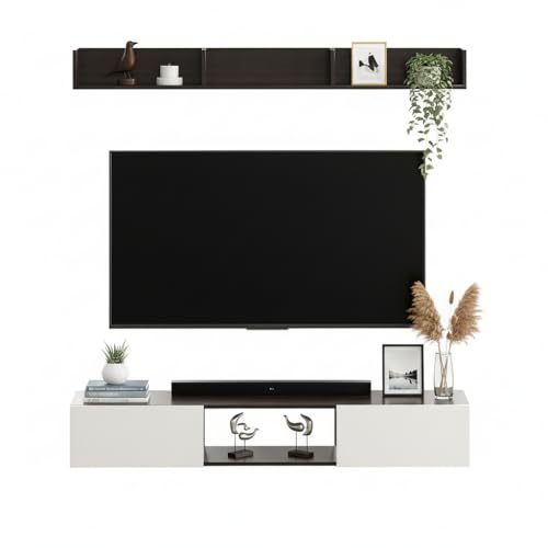Image of FURNEASER VR65 Wall Mount TV Unit for Living Room, Wooden TV Panel Stand with Storage Shelves, Modern Entertainment Center, Media Console Cabinet Fits Up to 65 Inch TV (Wenge & White)
