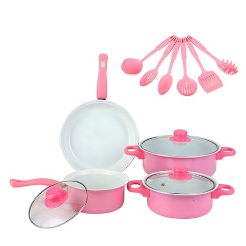 Juego de utensilios de cocina antiadherentes, juego de ollas y sartenes antiadherentes de 13 piezas, sartenes, tapa de cacerola, cuchara y espátula, cocina para cocinar diariamente en el hogar, Rose