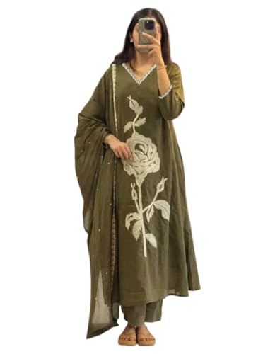 Image of ANNI Designer Women Rayon Viscose Straight Embroidered Kurta with Pant and Dupatta | 3 /4 Sleeve | V-Neck | Ethnic Kurta Set for Women