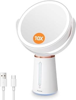 Foto di Auxmir Specchio Trucco con Luci, Specchio Ingranditore 1X/10X a Doppia Faccia, Luminosità Regolabile a 10 Livelli, Rotazione a 360°, Specchio cosmetico da Davolo, Batteria Ricaricabile
