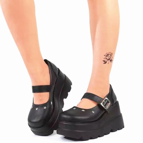 Black Platform Mary Jane Shoes for Women Goth Lolita Cosplay Girls Chunky Heel Dress Pumps Mary Janes Wedge Heels with Buckle US5.5-112