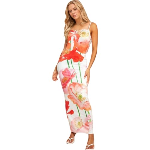 Image of Womens Summer Casual Floral Dresses Spaghetti Strap Bodycon Maxi Beach Dress Elegant Evening Party Long Dresses (US, Alpha, Medium, Regular, Regular, B White)