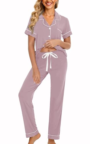 Image of WJing Yi Jia Womens Soft Pajamas Set XS-XXL Button Down Sleepwear Short Sleeves Pajama sets with Long Pants Pj Set Nightwear