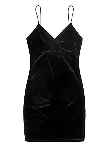 Floerns Women s Velvet Sleeveless Wrap V Neck Party Bodycon Mini Dress Black XS