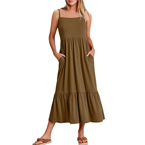 Robe longue décontractée femme kaki en taille L : vêtement fluide col rond taille haute