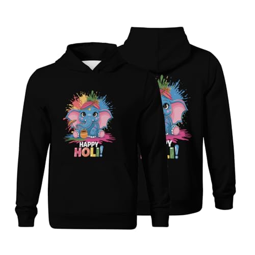 Kids Cute Elephant Vintage Happy Holi! Boys Girls Lightweight Kangaroo Pocket Fleece Hoodies