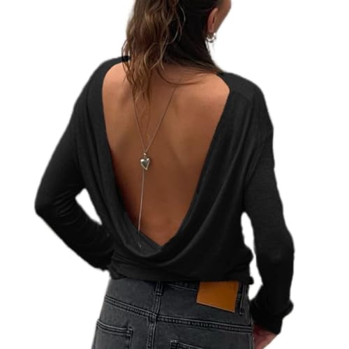 Open Back Workout Tops for Women Long Sleeve Floral Crop Tops Y2k Backless Gym Tee Casual Running Yoga Shirt (B Black M)