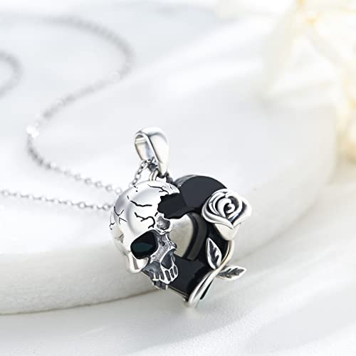 S925 Sterling Silver Skull Pendant Necklace Heart Shaped Black Crystal Necklace Gothic Jewlery Gifts3