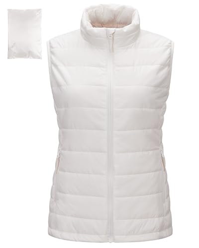 Outdoor Ventures Womens Puffer Gilet Packable Quilted Vest Padded Outwear Vest Bodywarmer Ladies Windproof Sleeveless Jacket Hiking Running Golf Riding Cream M