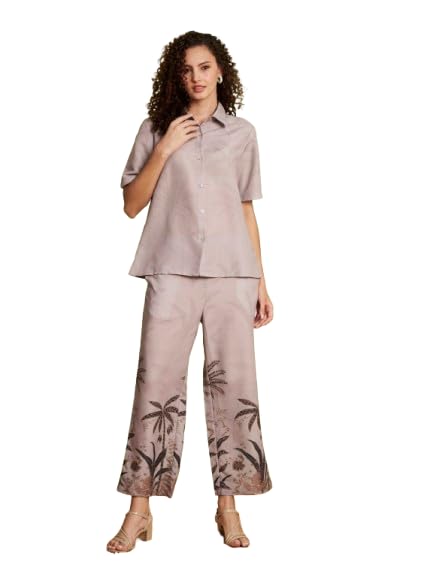 Women's Tropical Printed Shirt & Wide Leg Pants Co-Ord Set | Half Sleeve Button Down Two Piece Outfit | Casual, Vacation, Resort & Everyday Wear-image-44